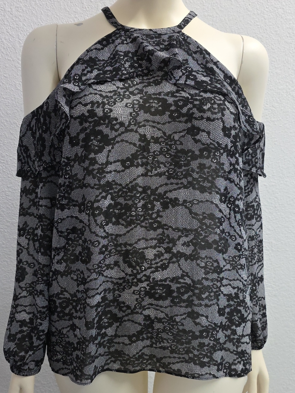 Michael Michael Kors Black Lace Print Cold Shoulder Halter Blouse Size L